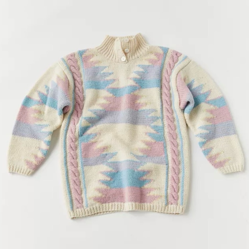 Vintage 100% Wool Pastel Pullover Sweater Size Small Oversized Button Collar Ski